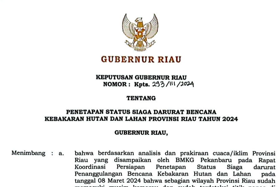  Pemprov Riau Tetapkan Status Siaga Darurat Karhutla 2024