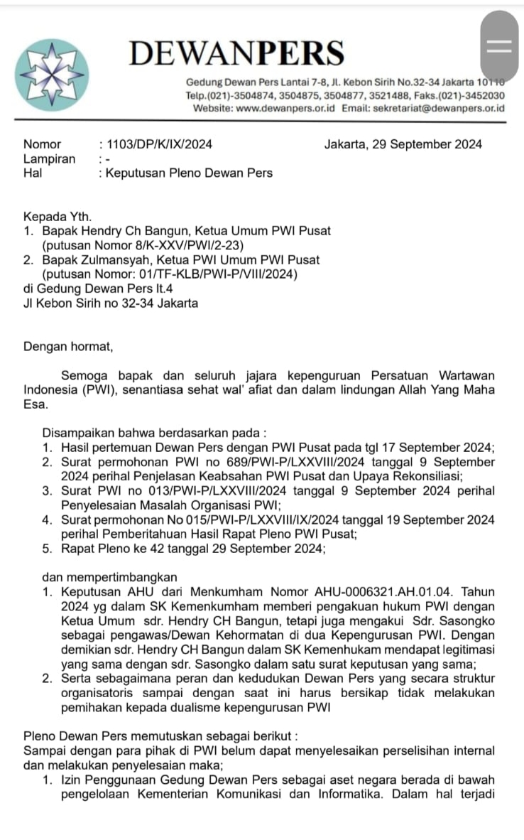 Kantor PWI Pusat Digembok, Dewan Pers Larang Kubu HCB Berkantor di Gedung Dewan Pers