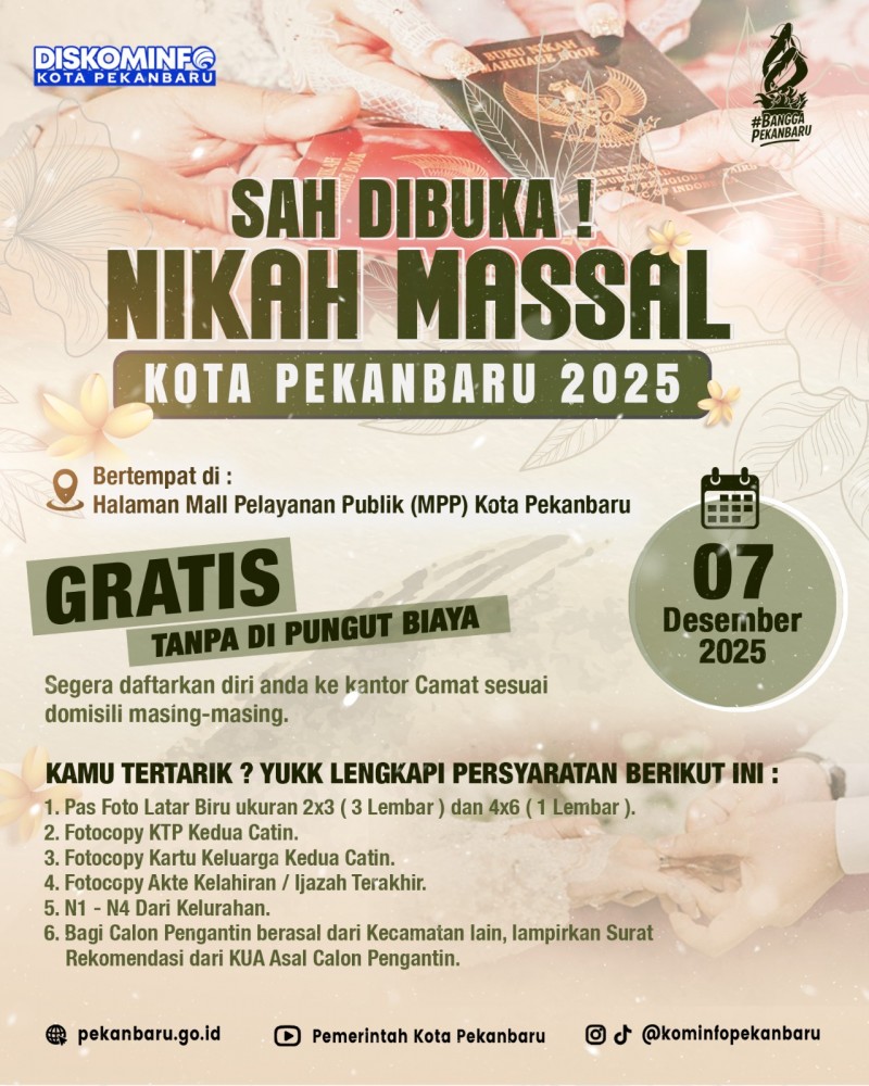 Nikah Massal Gratis Pemko Pekanbaru, 43 Calon Pasutri Sudah Terdaftar