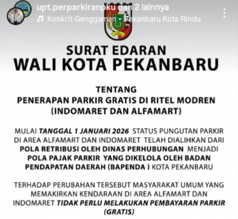 Mulai 1 Januari 2026, Parkir di Indomaret–Alfamart di Pekanbaru Gratis 