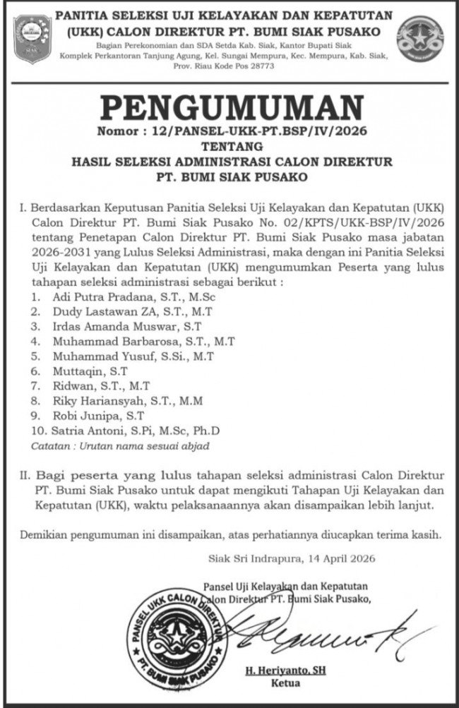Perebutan Kursi Direktur BSP Memanas, 10 Nama Lolos Administrasi Siap Uji Kompetensi di Jakarta - Pekanbaruexpress